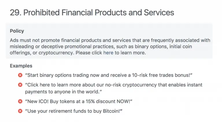 facebook blocks cryptocurrency