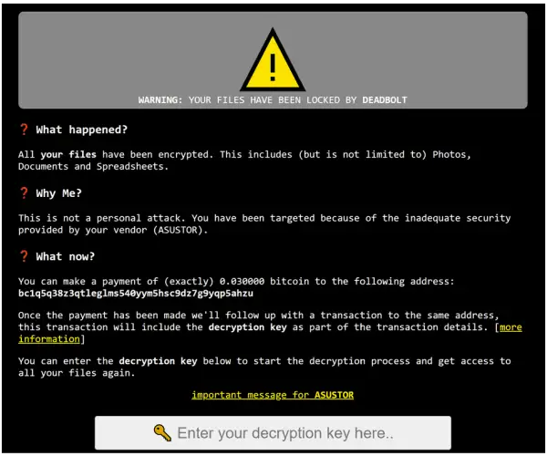 Deadbolt ransomware Asustor NAS