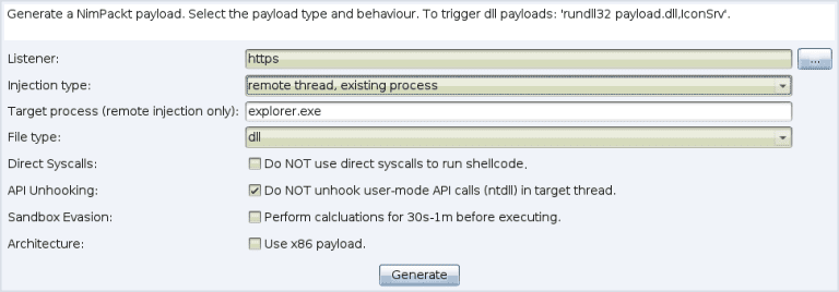 Nim-based raw shellcode