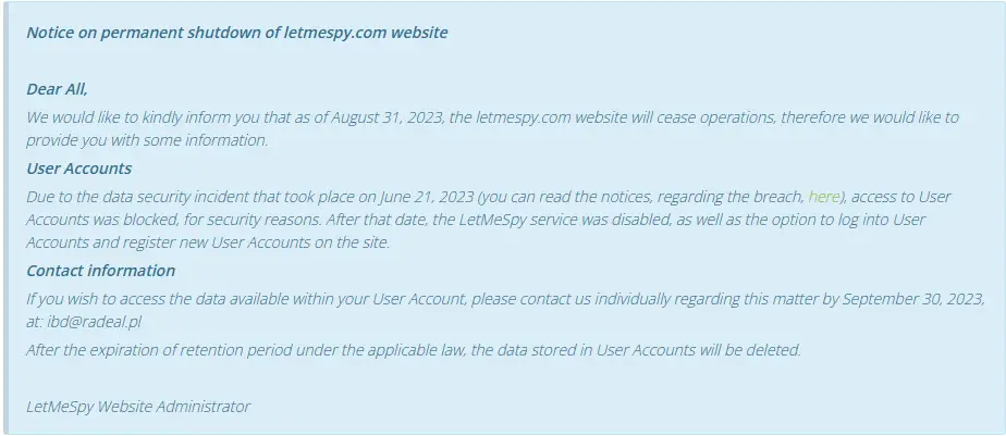 LetMeSpy shuts down